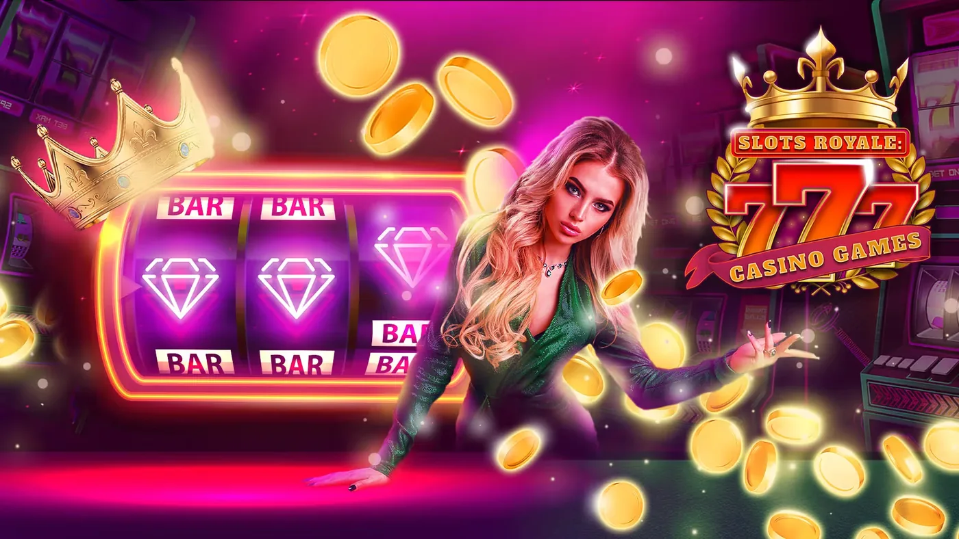A glamorous woman in a green dress beside a neon slot machine and a golden crown, with flying gold coins and a Slots Royale 777 badge on a magenta and purple neon background